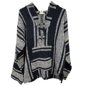 Artesianas Cuamatzi Made in Mexico Rug Poncho Knit Sweater Long Sleeve Hooded L